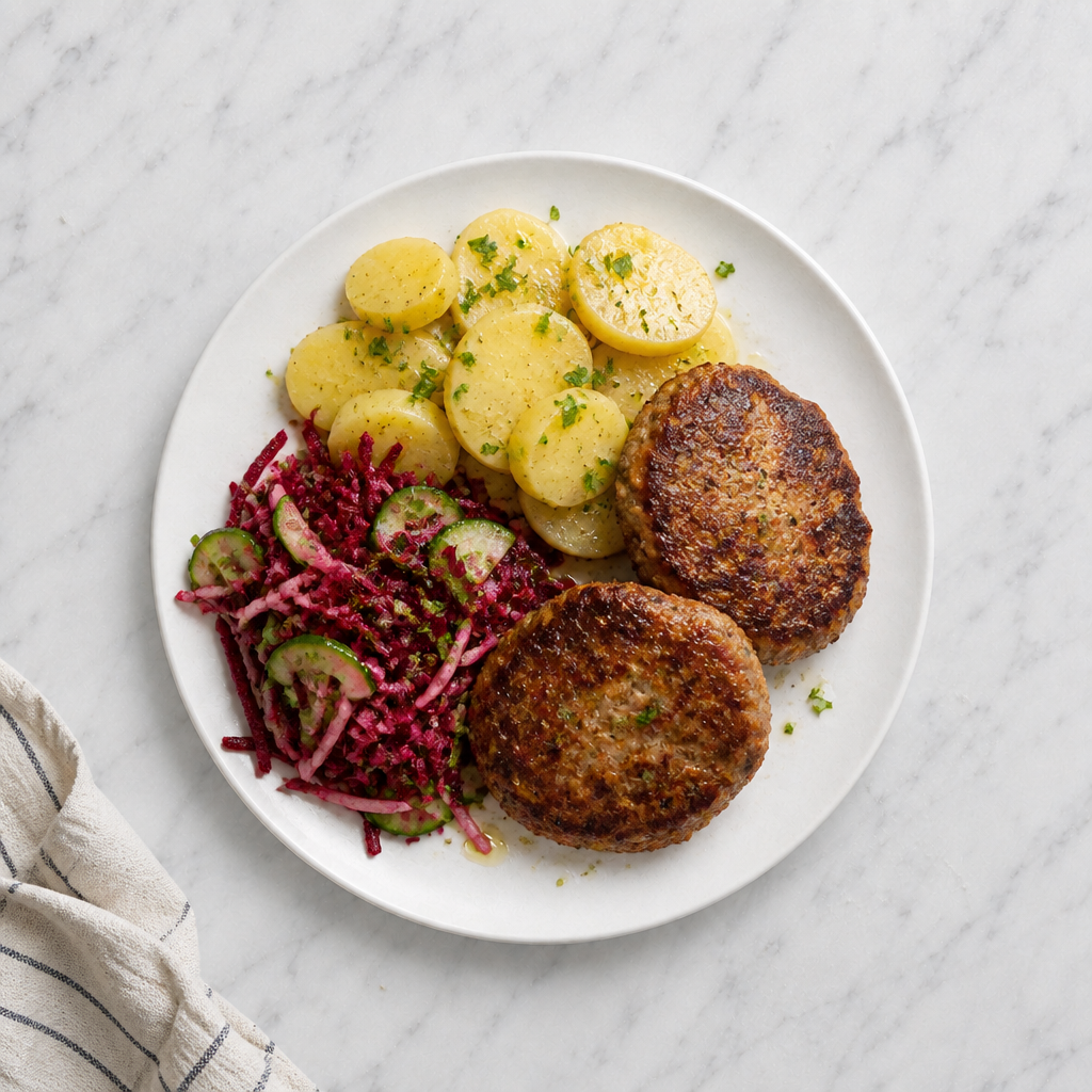 Polish-Style Pork Patties with Potatoes and Raw Beet Slaw
