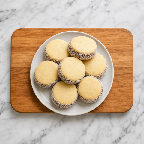 Fertige Alfajores mit Dulce de Leche und Kokosrändern