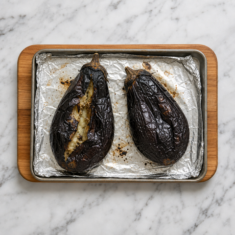 Eggplants roasted until their skins are charred and their flesh has collapsed