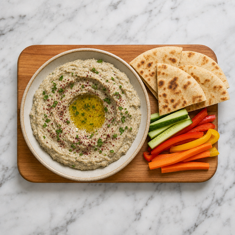 Baba ganoush garnished with olive oil and served with warm pita and vegetables