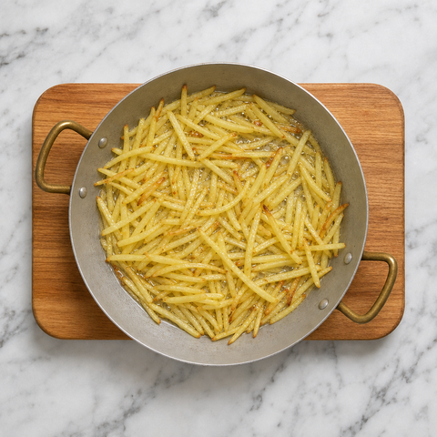 Potato matchsticks frying until pale golden and crisp at the edges