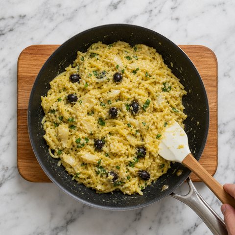 Bacalhau à Brás with softly set glossy eggs, cod, and potato strands
