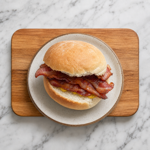 Finished bacon bap with crisp bacon in a soft white roll
