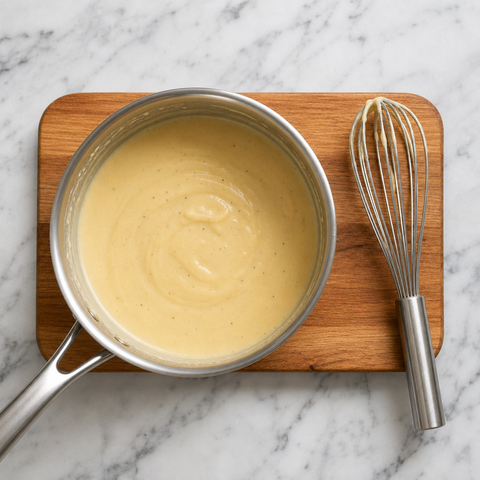 Thick creamy sauce coating the back of a spoon in a saucepan