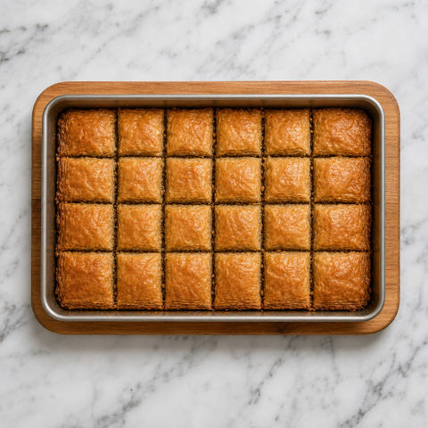Baklava intensamente dorato, con strati croccanti di pasta fillo appena sfornato