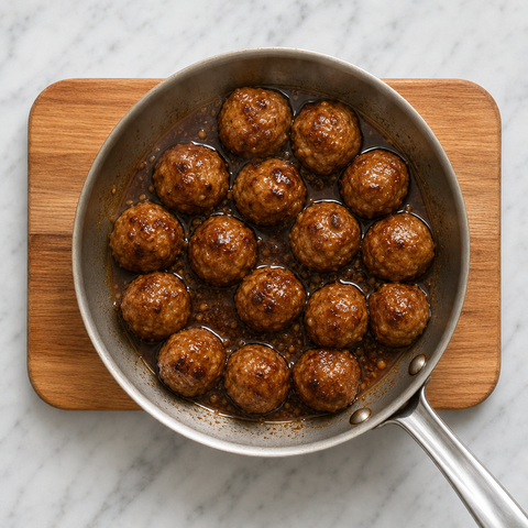 Albóndigas de cerdo cociéndose a fuego lento en un glaseado brillante de caramelo y salsa de pescado
