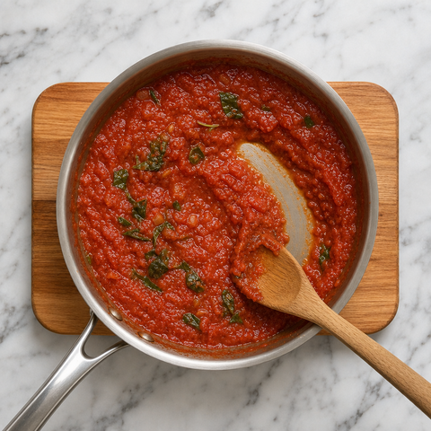 Sauce tomate épaisse laissant un sillon net lorsqu’on la remue