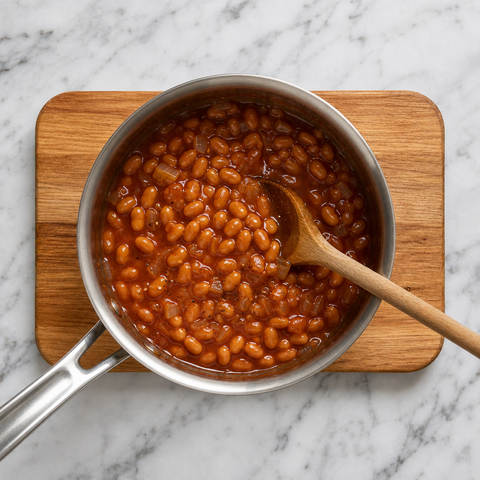 Glossy baked beans simmering with softened onions in a saucepan