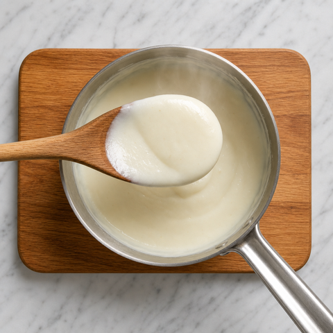 Béchamelsauce überzieht die Rückseite eines Löffels dicklich