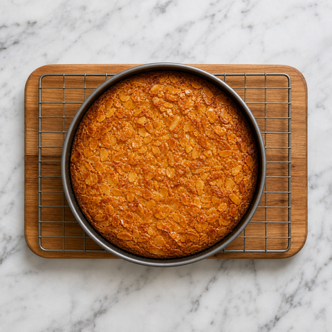Copertura dorata al miele e mandorle su una torta puntura d'ape appena sfornata