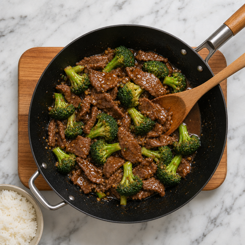 Glossy beef and broccoli stir-fry served with rice