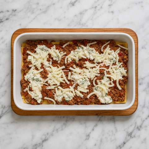 Lasaña en capas con pasta, ragú de ternera, ricotta y queso