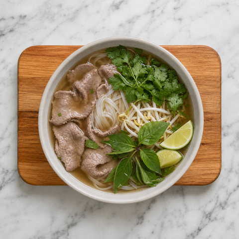 Pho de ternera terminado, cubierto con hierbas, brotes de soja y lima