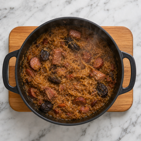 Finished thick and glossy bigos in a Dutch oven