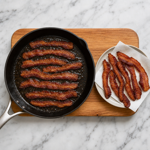 Speck wird in einer Pfanne knusprig und goldbraun gebraten