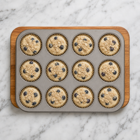 Muffinteig mit Haferbelag auf eine Form verteilt