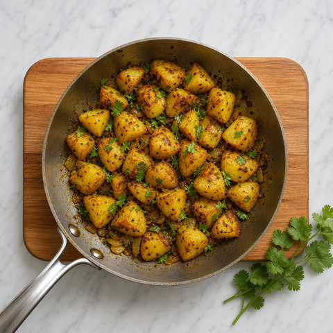 Golden crisp-edged Bombay potatoes coated in spices