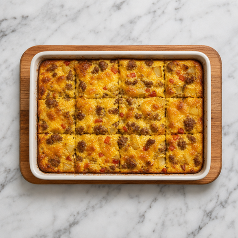 Gratin de petit-déjeuner doré aux saucisses, à la sortie du four