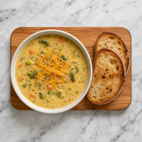 Cremige Brokkoli-Cheddar-Suppe mit geröstetem Sauerteigbrot serviert