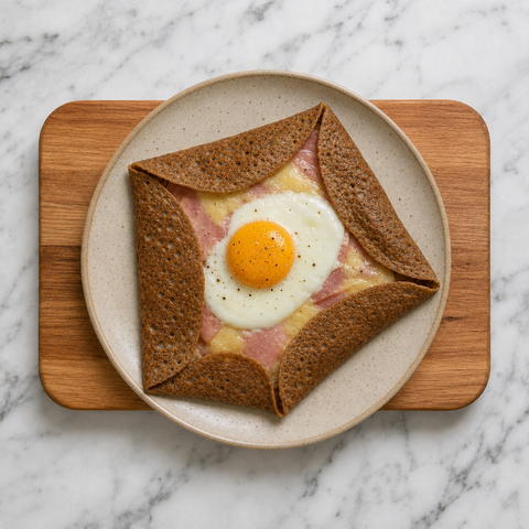 Finished buckwheat galette topped with ham, melted cheese, and fried egg