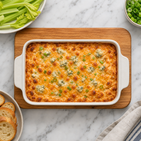 Bubbling baked Buffalo Chicken Dip with melted browned cheese