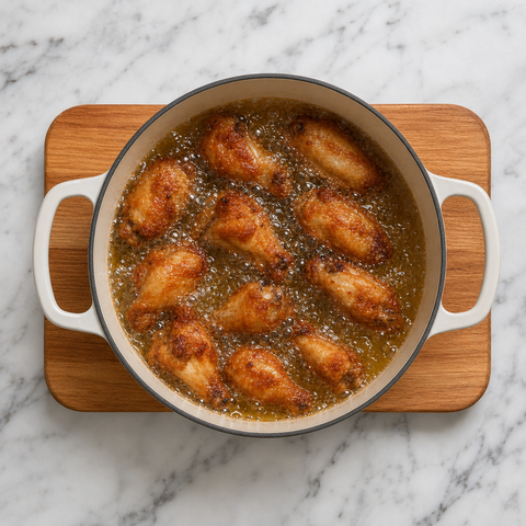 Golden chicken wings frying until crisp in hot oil