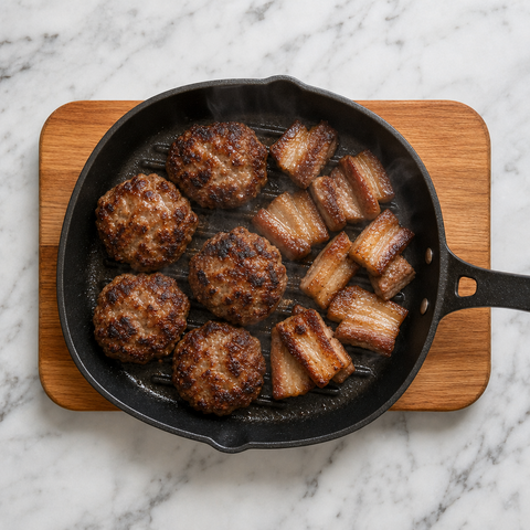 Charred pork patties and caramelized pork belly cooking in a grill pan