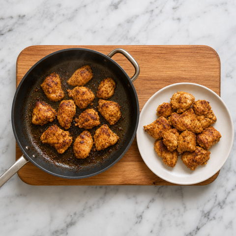 Chicken pieces seared golden-brown in a skillet