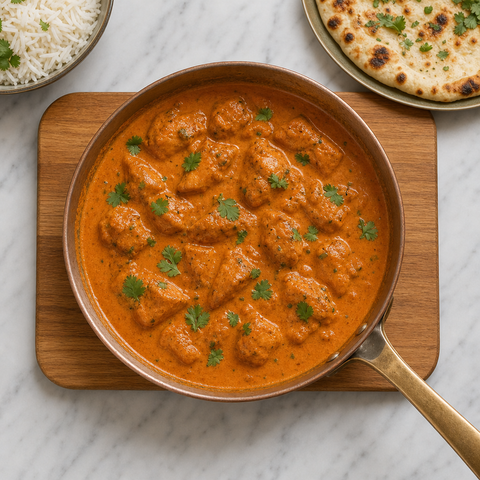 Finished butter chicken in a glossy tomato-cream sauce