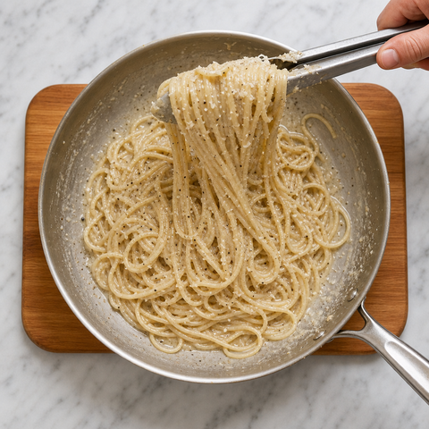 Spaghettis brillants enrobés d’une sauce lisse au Pecorino et au poivre noir