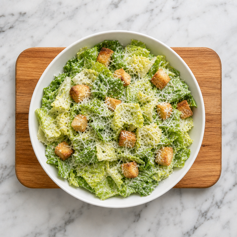 Finished Caesar Salad with croutons and Parmesan