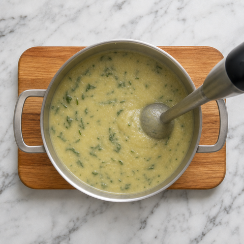 Soupe de pommes de terre mixée pour former une base lisse de caldo verde.