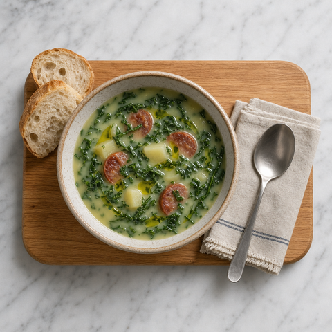 Bol de caldo verde garni de chou kale, de chouriço et d’huile d’olive.