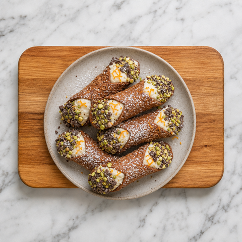 Gotowe pieczone cannoli z nadzieniem z ricotty, czekoladą i pistacjami