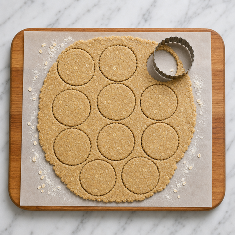 Round oatcakes being cut from rolled dough on parchment