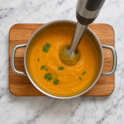 Bright orange carrot and coriander soup being blended until smooth