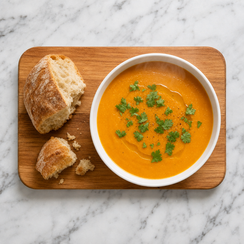 Silky carrot and coriander soup garnished with fresh coriander