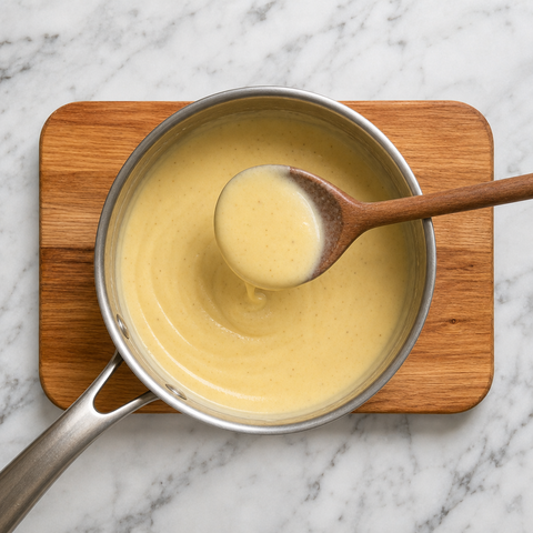 Thick glossy cheese sauce ready for cauliflower