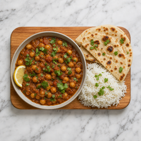 Chana masala garnished with cilantro beside rice and flatbread