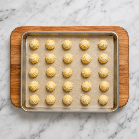 Unbaked cheese puff mounds topped with Gruyère on a baking sheet
