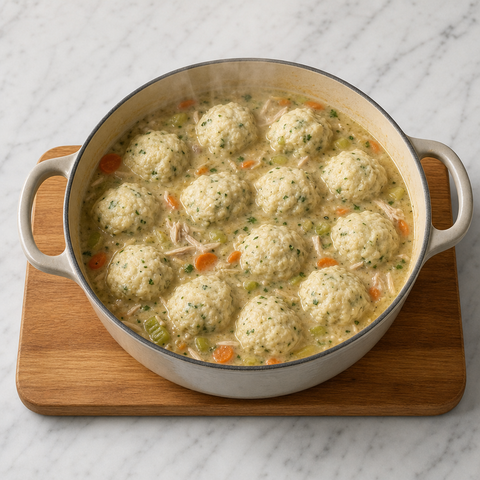Fluffy parsley dumplings steaming over chicken stew