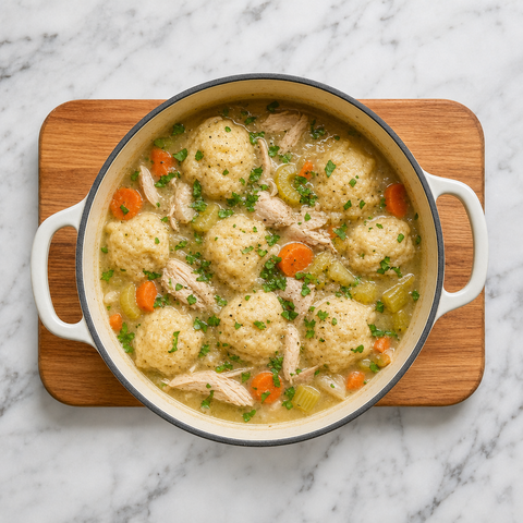 Bowl of chicken and dumplings garnished with parsley