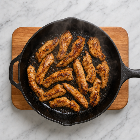 Chicken strips browning in a hot skillet