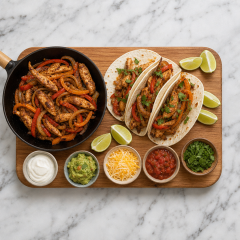 Chicken fajitas assembled in warm tortillas with peppers, onions, cilantro, and lime