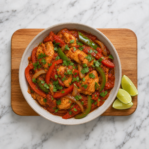Chicken Jalfrezi with colorful peppers, cilantro, and lime wedges