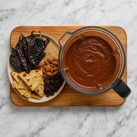 Smooth mahogany mole poblano sauce blended from toasted chiles and aromatics