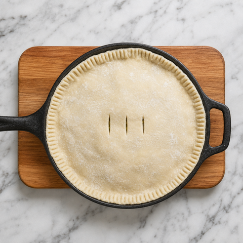 Puff pastry lid fitted over a skillet of chicken pot pie filling with vents cut in the top