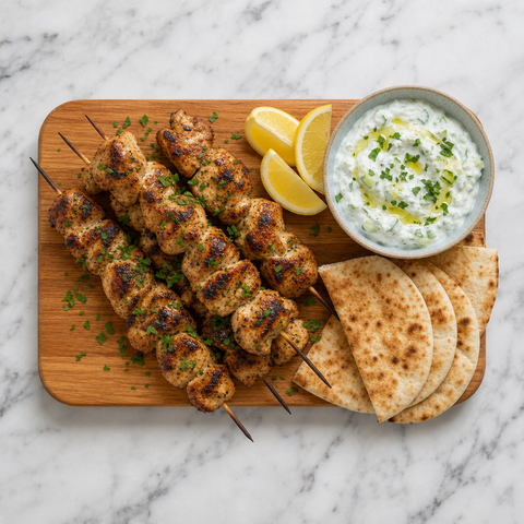 Finished chicken souvlaki served with pita, lemon, parsley, and tzatziki
