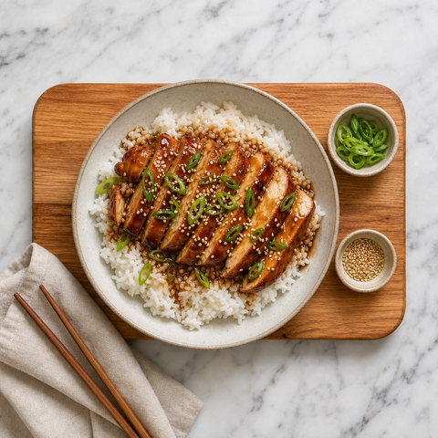 Sliced chicken teriyaki served with rice, scallions, and sesame seeds