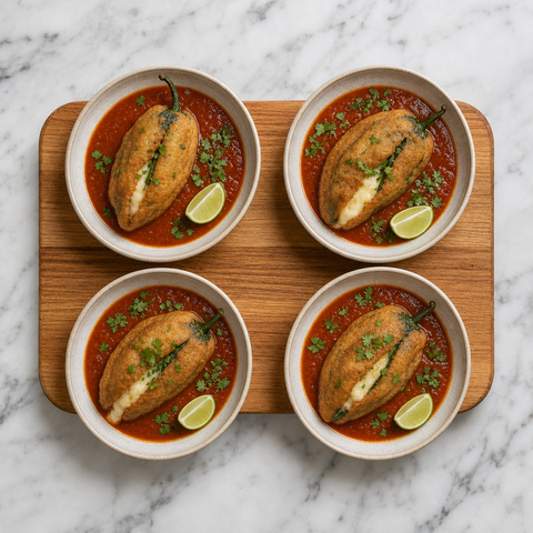 Chiles rellenos serviti su salsa di pomodoro cotta a fuoco lento